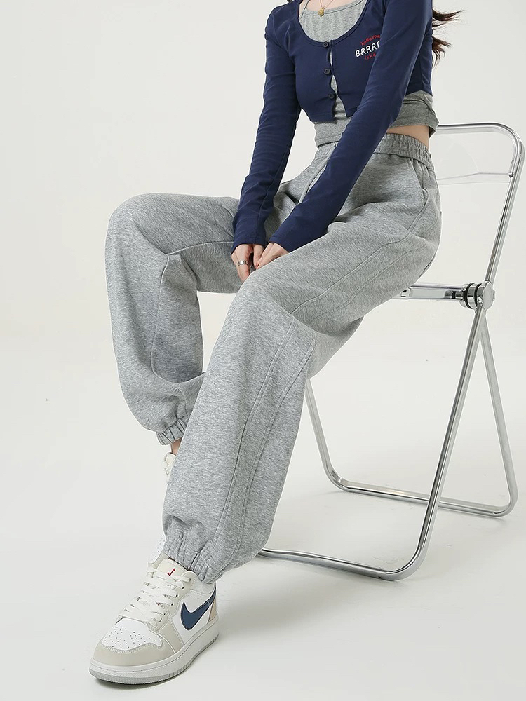 运动裤女春秋2024年新款高腰显瘦小个子宽松束脚加绒直筒休闲卫裤