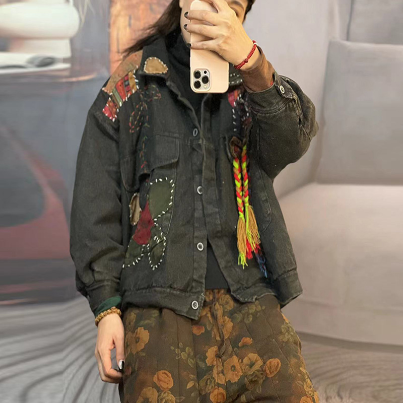 冬季新款休闲复古重工拼接外套女宽松时尚刺绣水洗做旧牛仔衣375