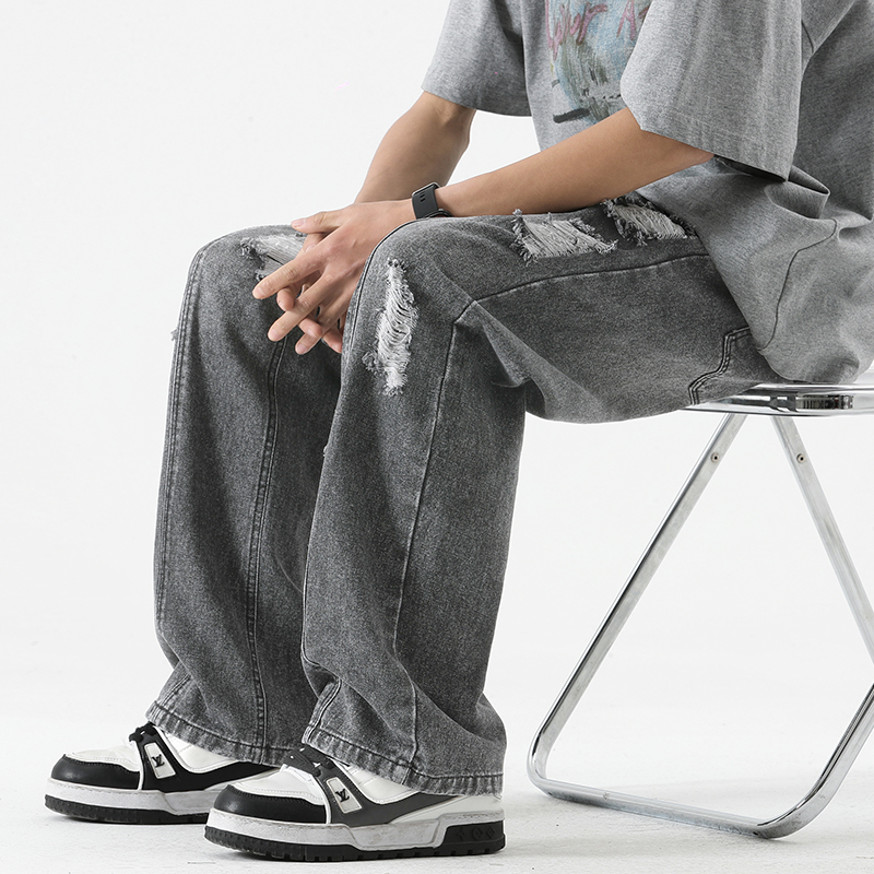 秋季常规宽松直筒高街破洞牛仔裤休闲复古潮牌百搭抽绳港风男牛仔