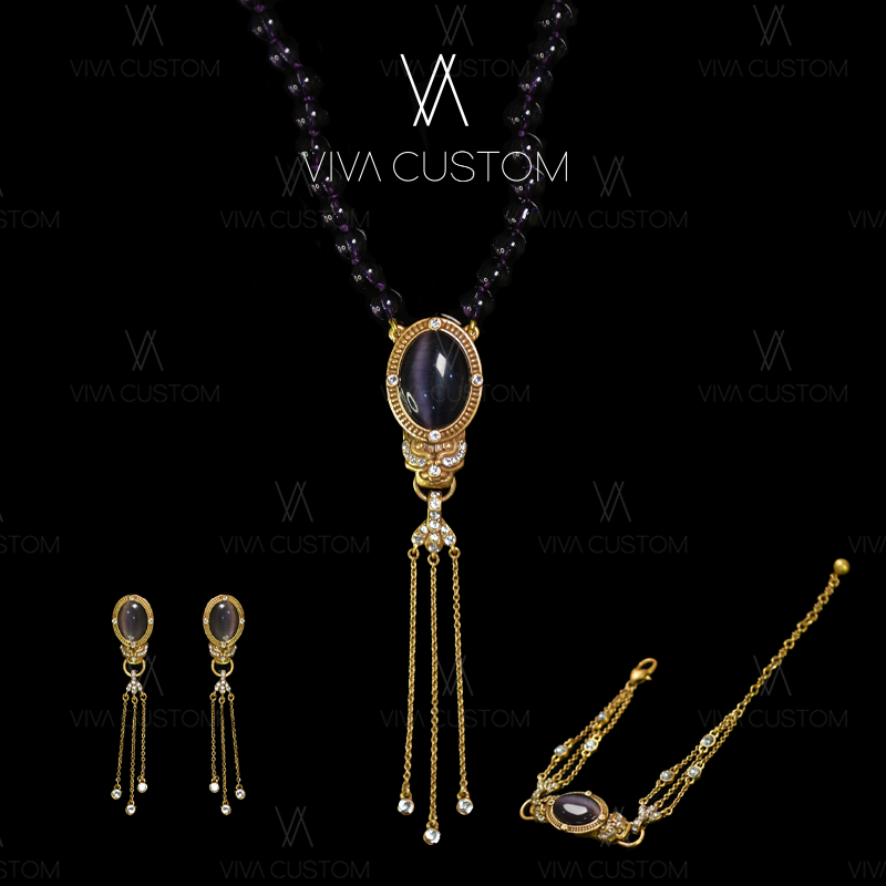 铜合金合成锆石耳饰 彩石流光系列 复古宫廷长款流苏紫露套装