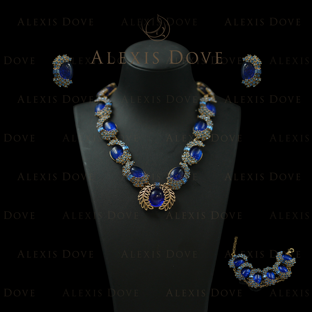 铜合金合成锆石耳饰 （璀璨星河系列）复古宫廷风优雅花好月蓝套装N