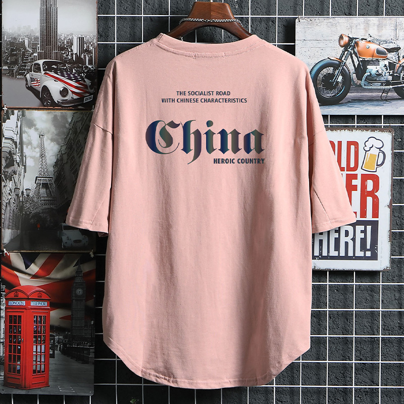 港风T恤男2023春季百搭美式打底衫青少年字母印花宽松圆领体恤衫