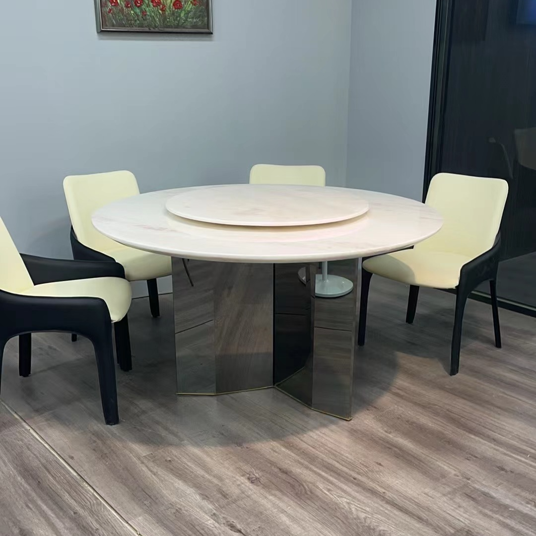 纯天然粉钻芬迪白奢石餐桌大圆桌带转盘旋转餐桌椅组合轻奢简约