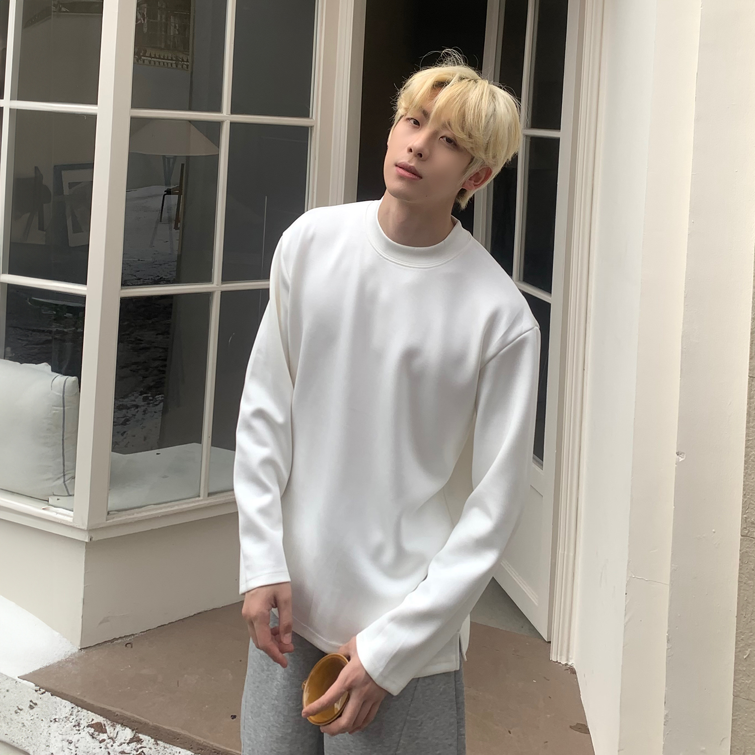 AP MMDD小众纯色重磅半高领软糯长袖T恤男生宽松慵懒风百搭打底衫