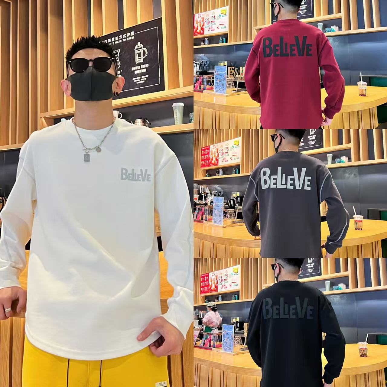 小众明线设计感撞色字母刺绣情侣同款休闲时尚百搭落肩圆领卫T