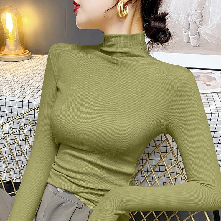绿色螺纹半高领针织衫洋气打底衫女长袖内搭春秋冬款紧身软糯上衣