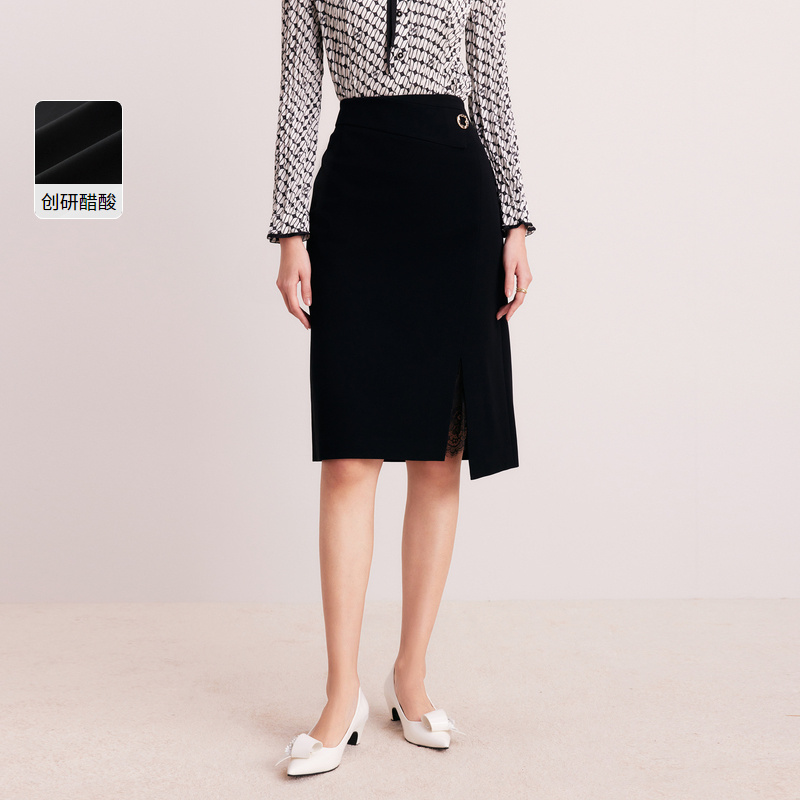 Koradior/珂莱蒂尔夏季时尚气质黑色休闲半身裙优雅修身中长款