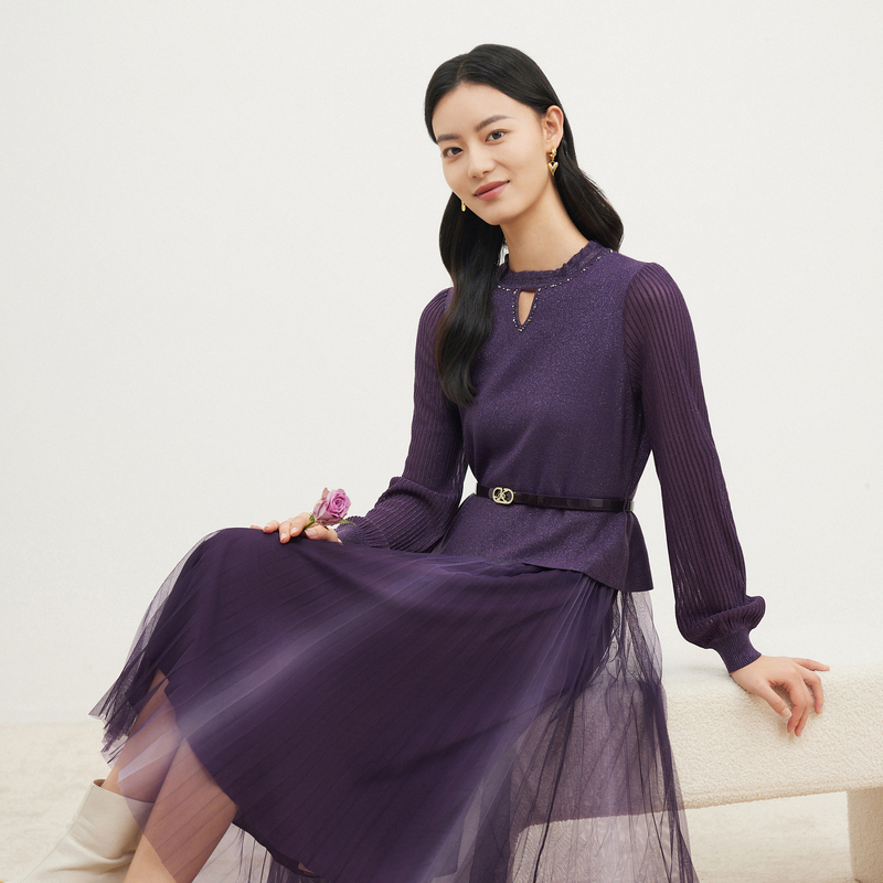 珂莱蒂尔热力感秋冬新款美拉德拼接针织气质显瘦裙KF09880