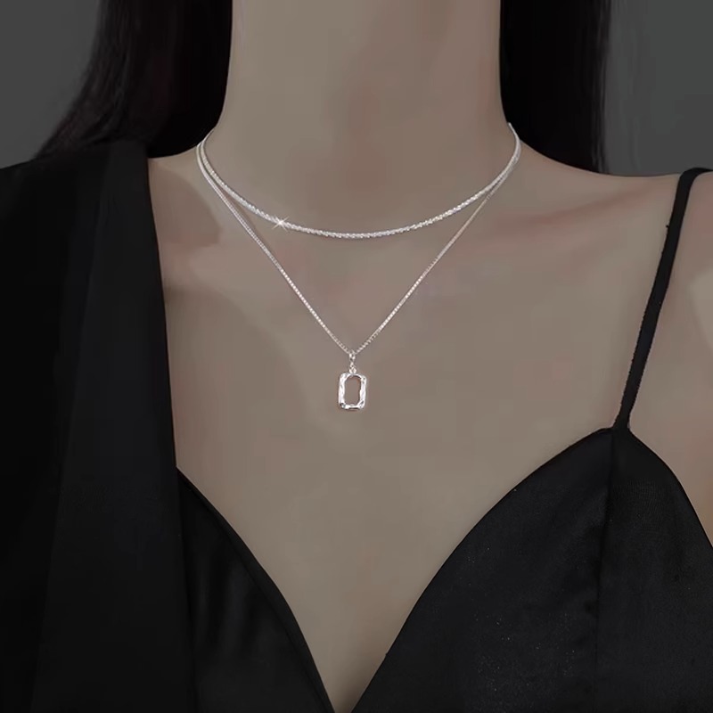 合金项链 熔岩画框满天星双层叠戴925纯银项链小众高级感女锁骨链