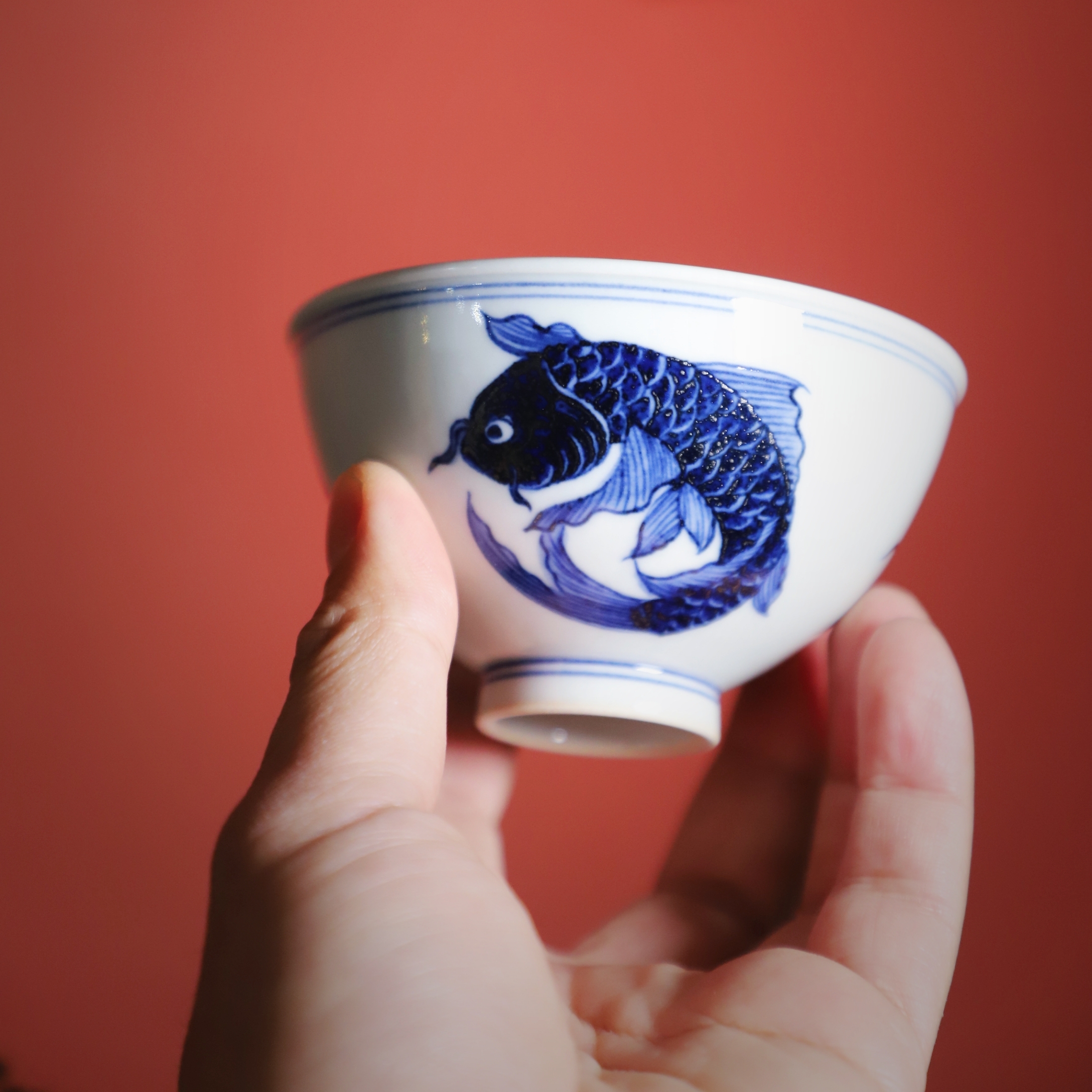 景德镇璞影茗琮柴窑青花团鱼鸡心斗笠杯家用品茗主人单杯手绘茶器