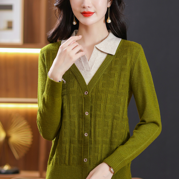 秋冬款假两件提花宽松显瘦休闲时尚百搭气质优雅长袖针织衫