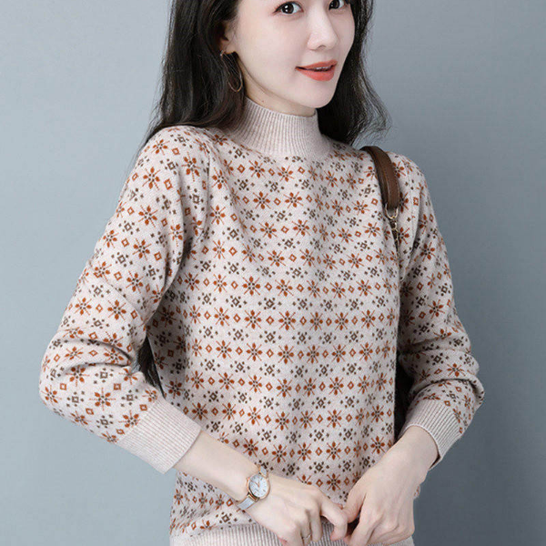 秋冬厚款宽松显瘦休闲时尚百搭气质优雅半高领提花长袖针织衫