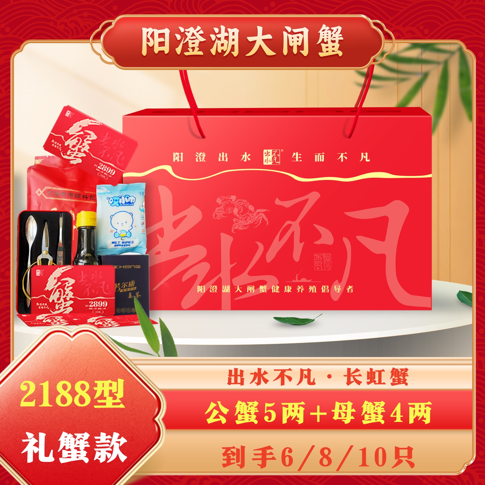【卡券】阳澄湖大闸蟹 公5两母4两6/8/10只出水不凡H2188型活水塘养