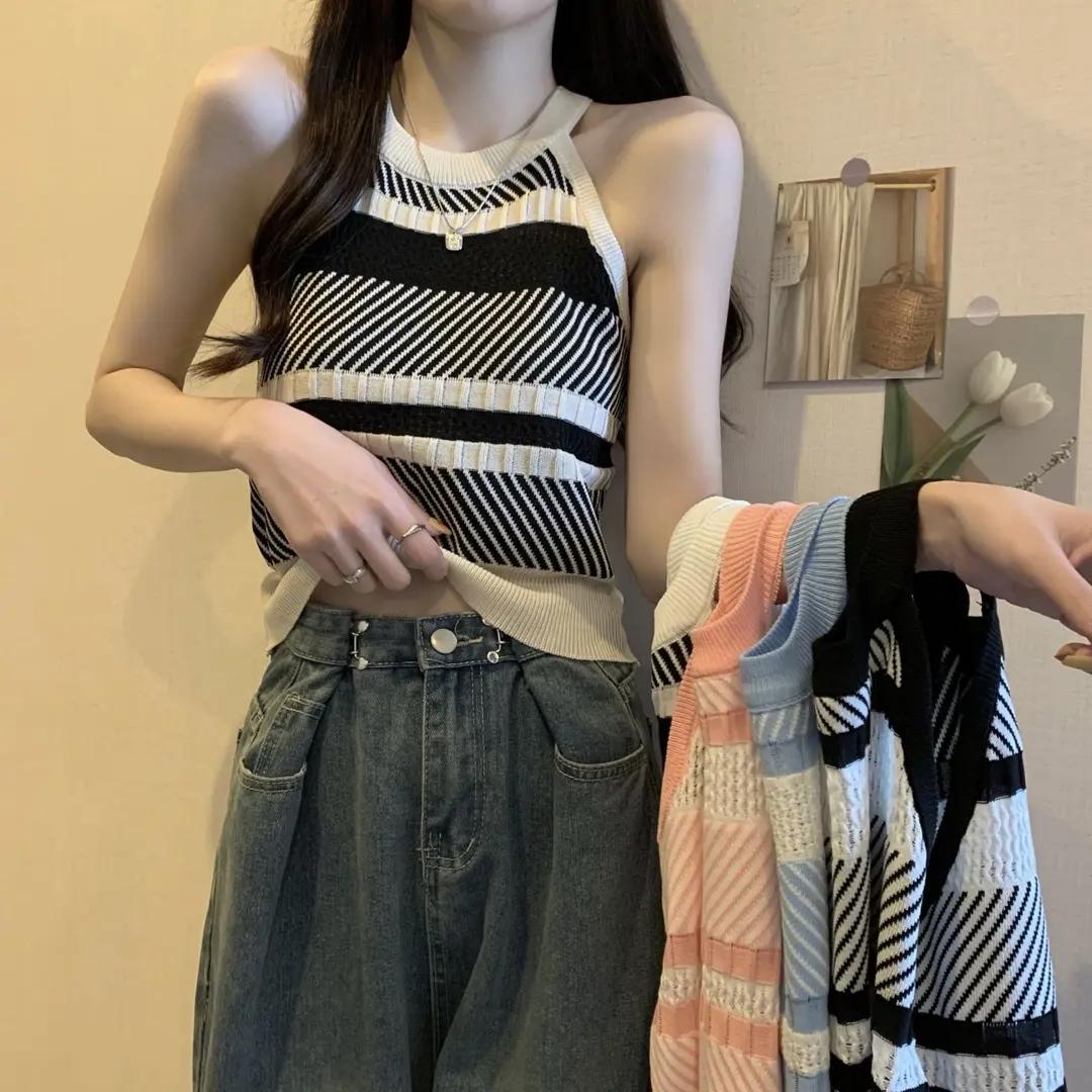 DS小香风挂脖针织吊带外穿背心韩系设计感小众内搭打底无袖上衣潮