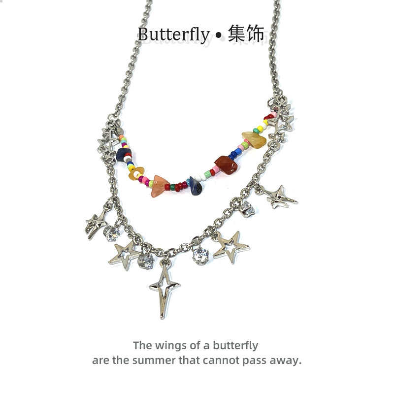 钛钢亚克力项链 A052《无人海边》彩色串珠星星项链女甜酷辣妹小众