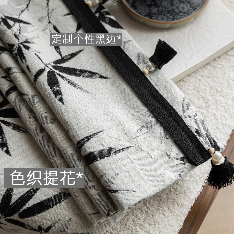 竹韵 新中式国风复古中古风水墨色竹叶提花亚麻2024新款客厅窗帘