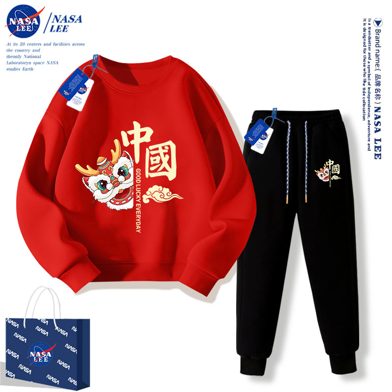 NASA儿童红色套装龙年本命年卫衣冬季加绒2024新年12岁衣服男女童