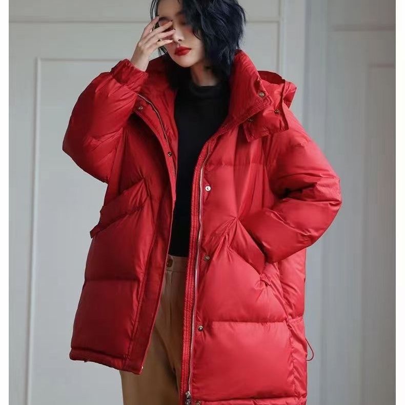 艾莱依2023冬新款羽绒服女大牌中长款斜口袋加厚保暖宽松连帽白鸭