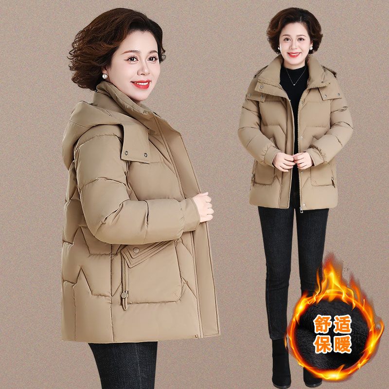 艾莱依中年妈妈冬季新款羽绒服女中老年冬装棉袄保暖连帽外套