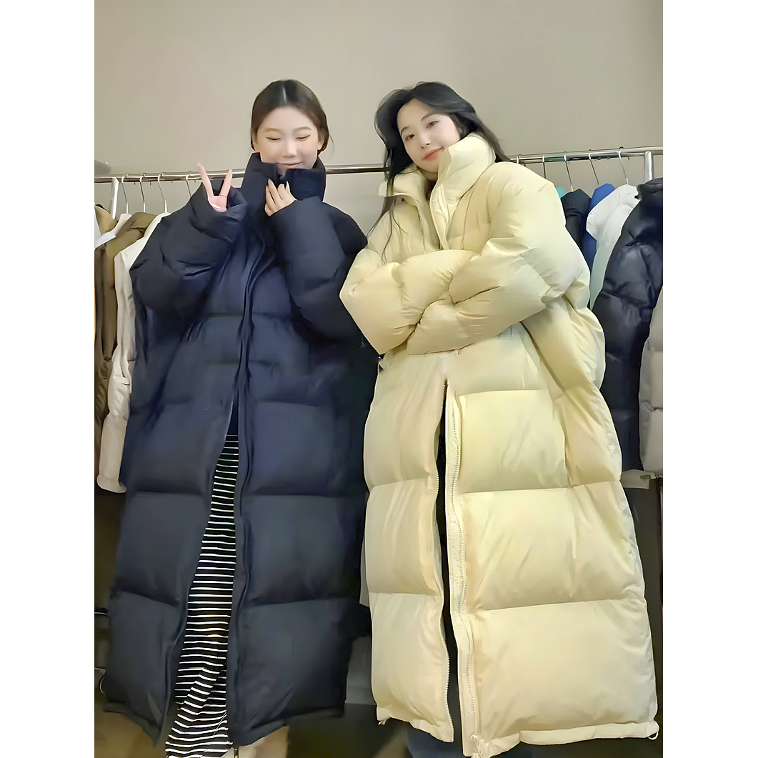 艾莱依2023新款反季羽绒服女中长款过膝韩版宽松纯色加厚无帽冬季