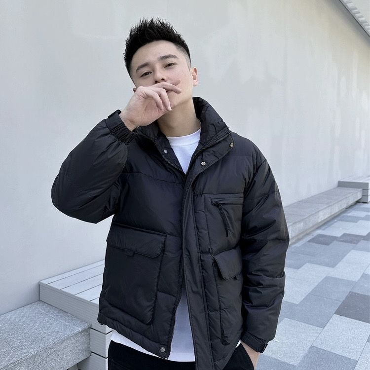 艾莱依羽绒服冬季新款纯色男士简约宽松外套青年潮流立领保暖白鸭