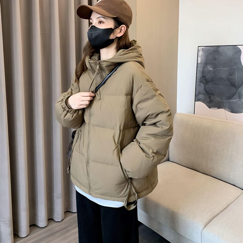 艾莱依新款2023冬季羽绒服女短款韩版宽松设计感双拉链系带连帽白