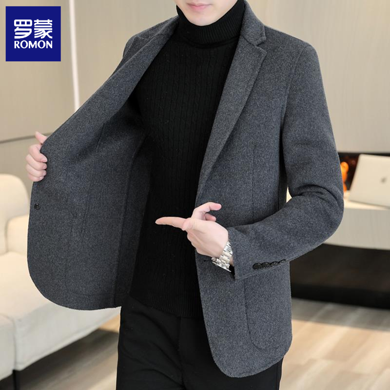 罗蒙【含羊毛】西服男士商务休闲双面呢外套时尚高端西装呢子大衣