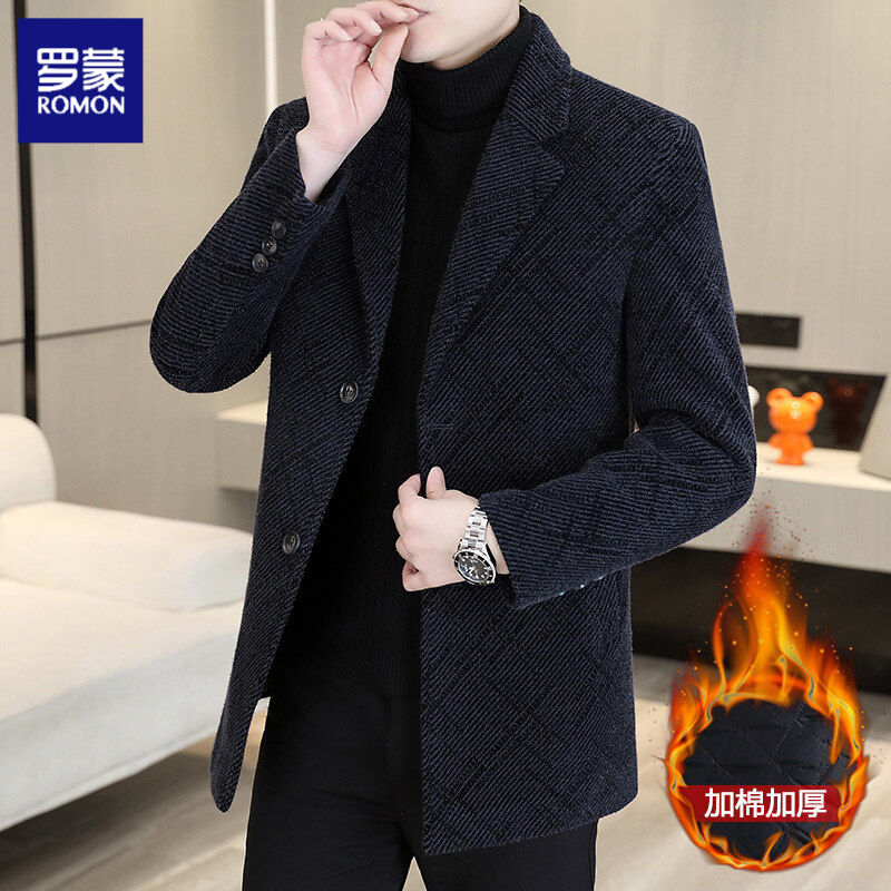 罗蒙秋冬加棉毛呢大衣男士中长款风衣保暖外套高级感商务休闲西装