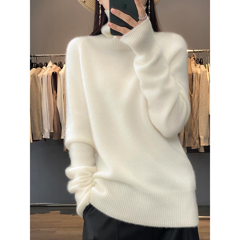 白色浣熊绒高领羊绒打底毛衣女秋冬加厚冬季堆堆领内搭针织衫上衣