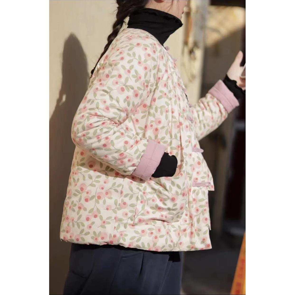 冬季新款棉碎花棉袄小外套女复古手工盘扣宽松印花加厚棉衣棉服