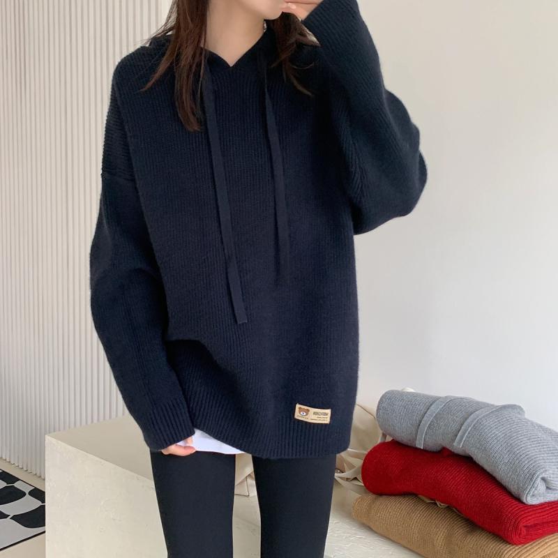 秋冬装300斤大码宽松加厚中长款纯色连帽休闲百搭长袖针织毛衣女