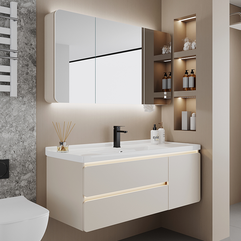 年终大促su7-陶瓷一体盆智能感应灯圆弧门浴室柜组合洗手洗脸盆柜