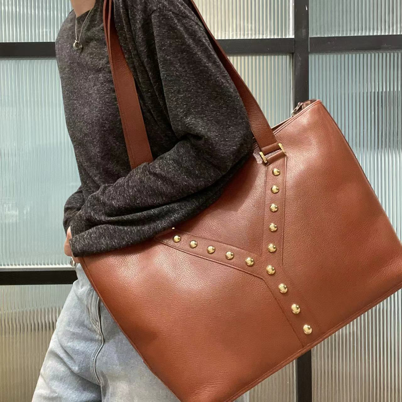 95新 YSL/圣罗兰 【清】1PT817 焦糖色托特包