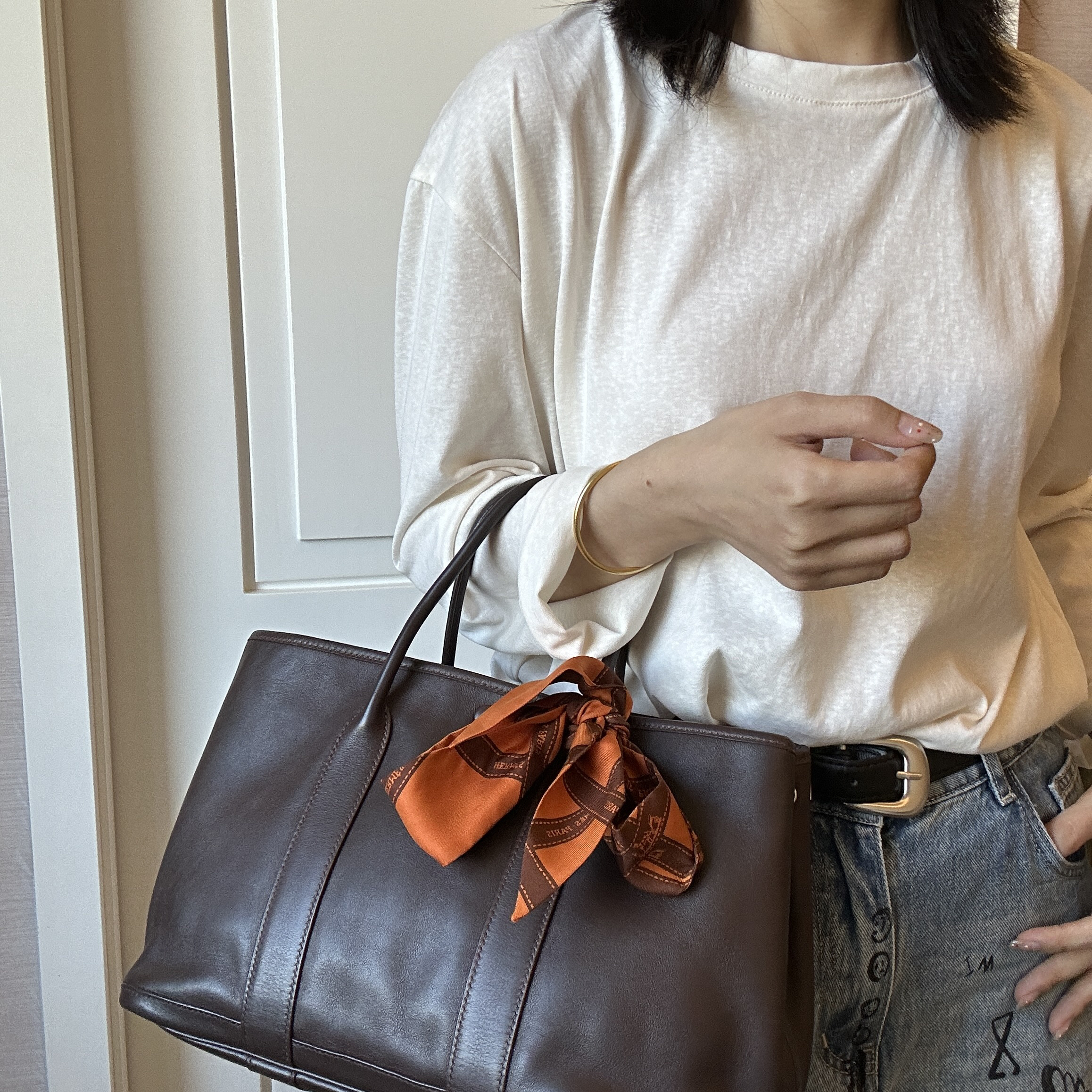 95新 Hermes/爱马仕 7棕色花园丝带限定30尺寸