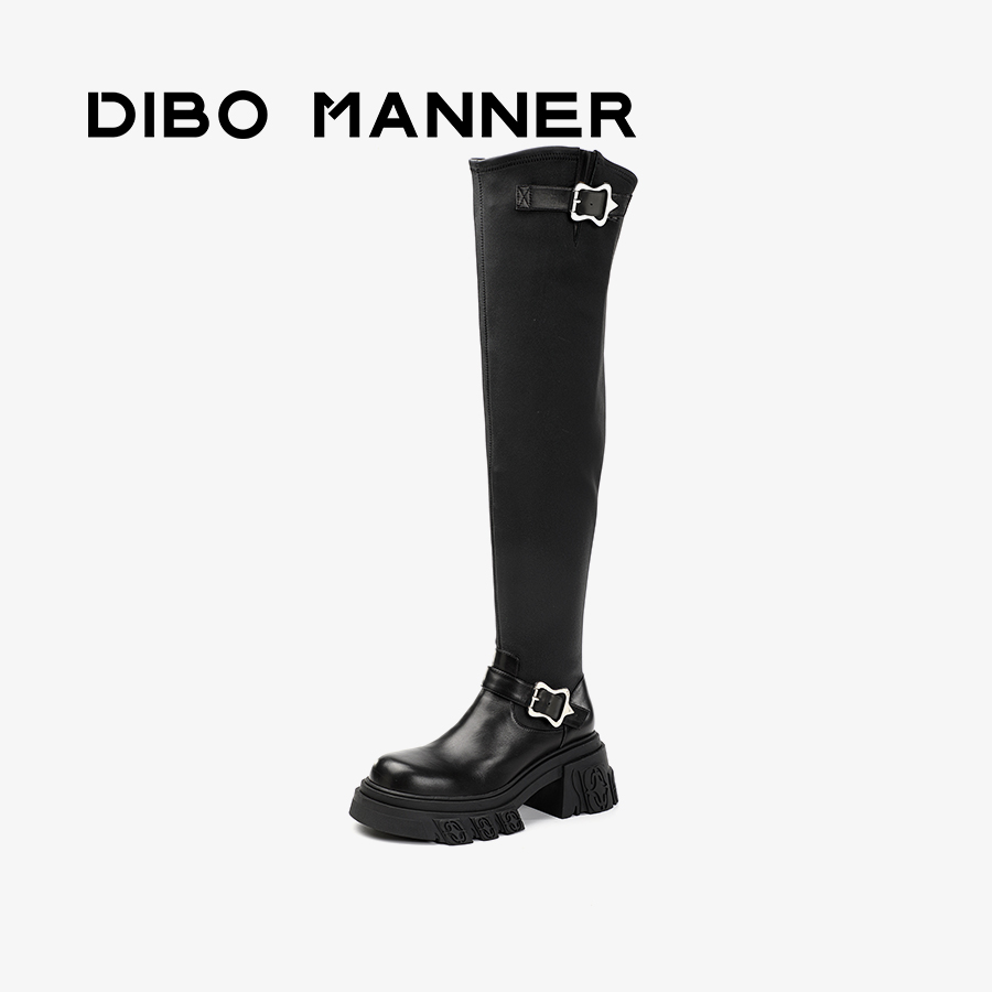 DIBO MANNER 火焰浮雕系列时尚皮带扣厚底过膝弹力靴234050