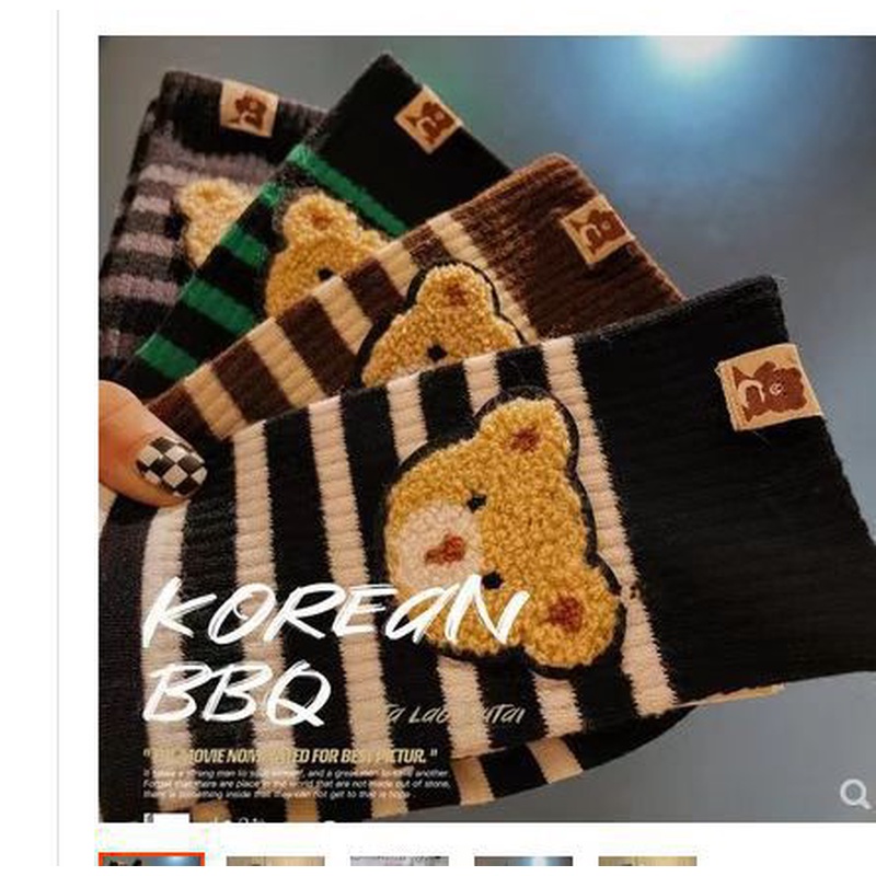 小条纹熊个性潮袜2022秋冬新款黑白条纹熊头毛绒中筒袜女小熊袜