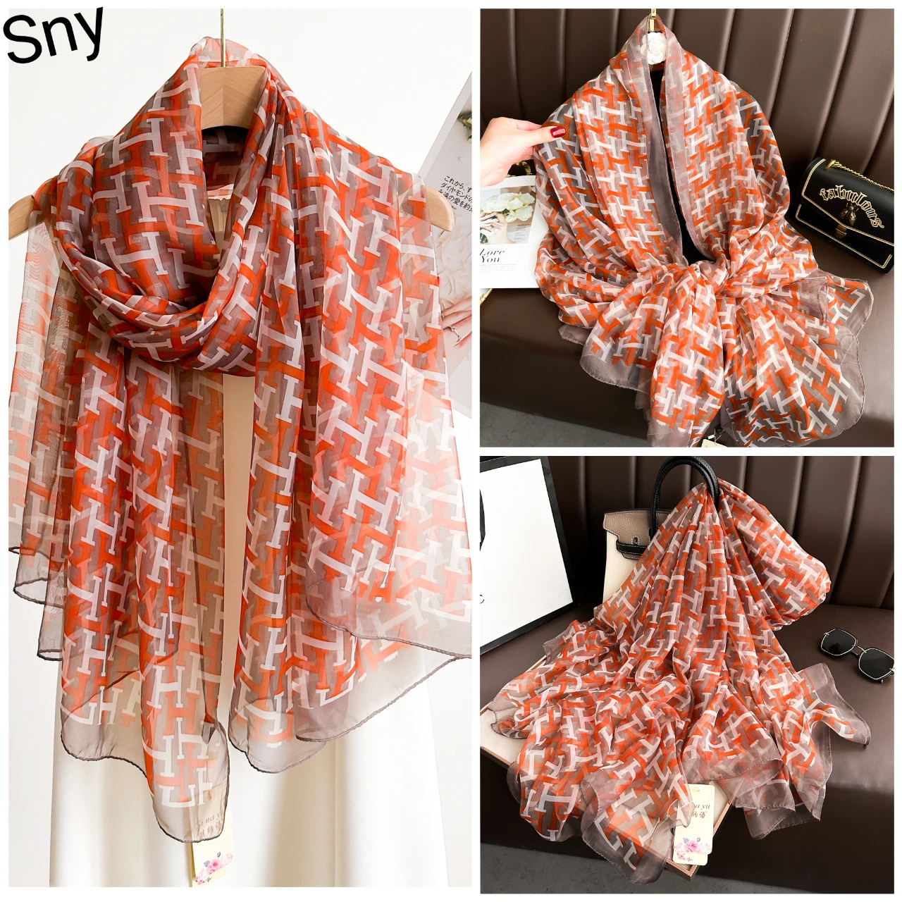 云锦纱130*180左右2024薄款高定丝巾防晒夏季优雅沙滩巾-字母H