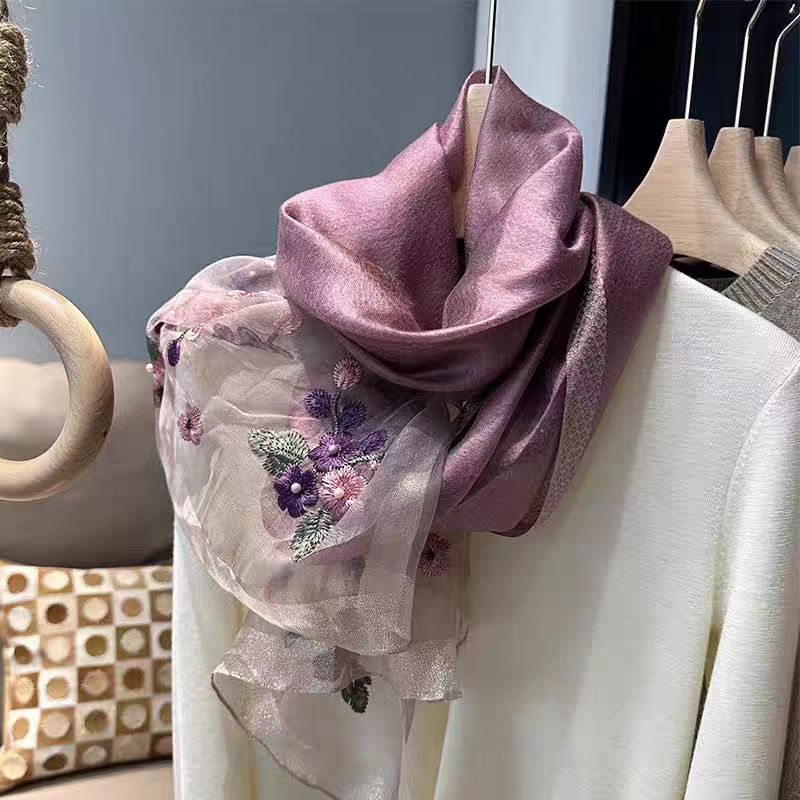 2024新款桑蚕丝绵羊毛围巾刺绣百搭丝巾新中式披肩【海棠花】紫色 