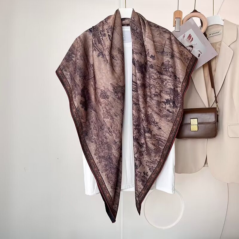 清明上河图-香云花萝围巾双面双色提花140*140CM长巾高档气质披肩