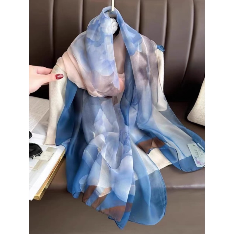 云锦纱130*180左右2024薄款高定丝巾防晒夏季优雅沙滩巾-荷塘月色