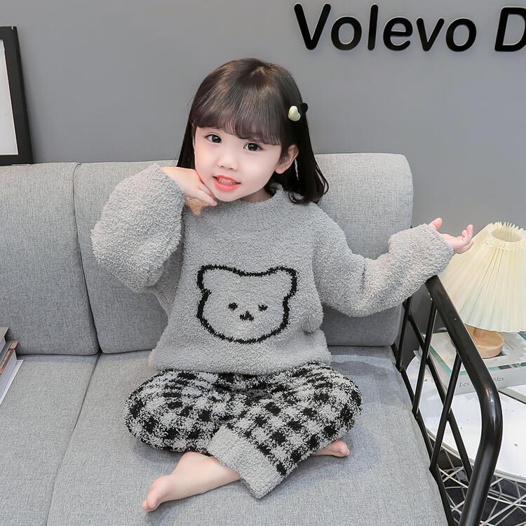 女童半边绒睡衣秋冬小童卡通加厚女孩家居服宝宝保暖半边绒可外穿
