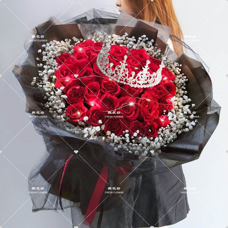 【永远热烈】鲜花33枝红玫瑰鲜花混搭白色满天星韩式花束3527款送爱人女友鲜花小时达同城配送鲜花配送