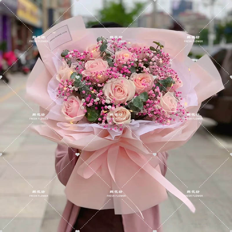 【亲情相伴】鲜花告白花束11枝粉玫瑰混搭粉色满天星韩式花束3579款鲜花小时达同城配送花店送花上门