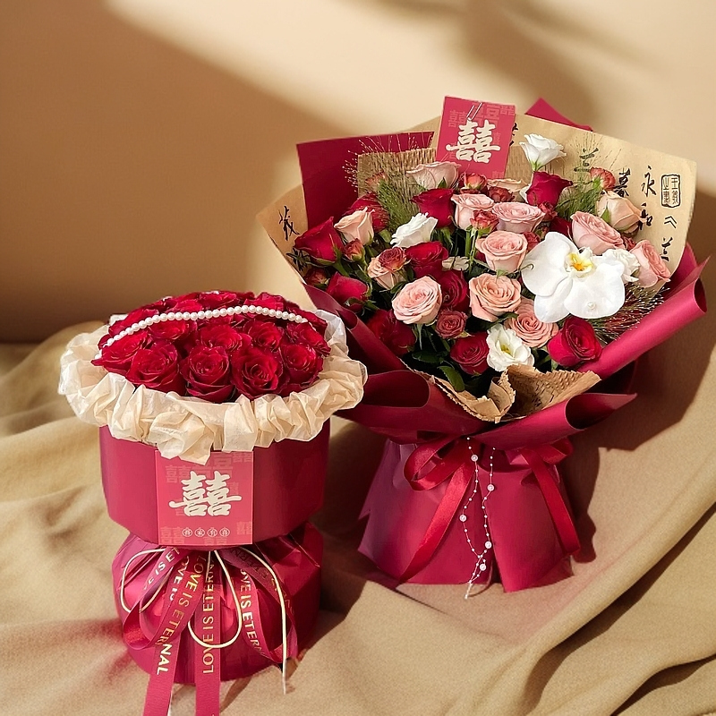 （此图为两束花）【天赐良缘】订婚鲜花19枝红玫瑰圆形小香风花束4043款鲜花小时达同城配送送老婆花店送花上门