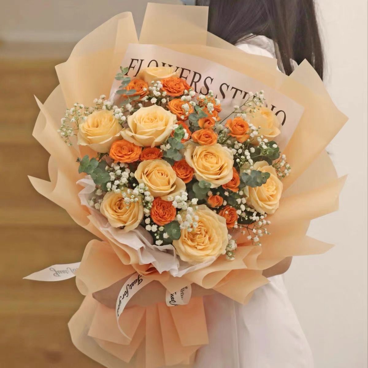 【长辈生日】鲜花9枝香槟玫瑰混搭多头玫瑰满天星韩式花束8834款鲜花小时达同城配送送老师/花店免费配送