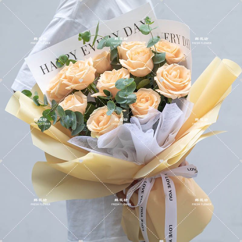 一语花香【黄昏日落】520鲜花11枝香槟玫瑰搭配桔梗尤加利花束鲜花小时达送女友送朋友闺蜜情人节鲜花送花上门