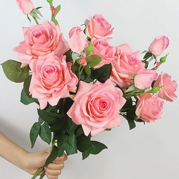 爱马仕玫瑰仿真花3头高档仿真手感保湿玫瑰花束荔枝家居装饰假花