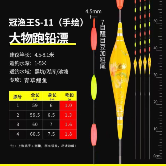 手绘七目无铅、跑铅大物拖线浮漂醒目醒目加粗纳米鱼漂尾底钓