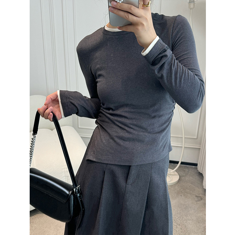 秋冬美式假两件醋酸绵羊毛修身显瘦针织衫不规则下摆拼接长袖T