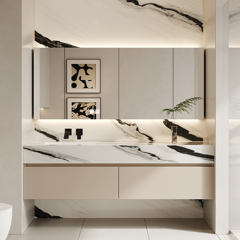 熊猫白岩板陶瓷一体浴室柜组合洗手池洗脸盆卫生间洗漱台定制